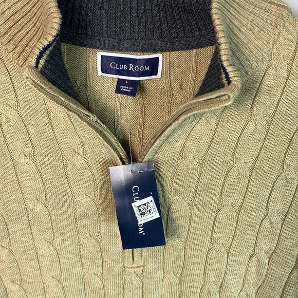 Club Room Light Tan  Quarter Zip Cotton Blend Cable Knit Sweater Men’s L NWT - Picture 4 of 7